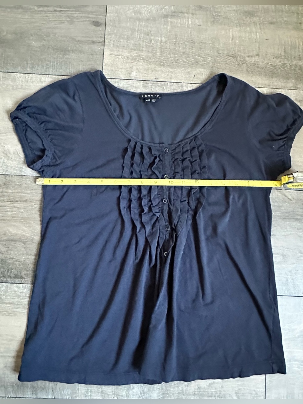 Theory Navy Blue Ruffle Front Puff Sleeve Balletcore Feminine Top M - Picture 6 of 8